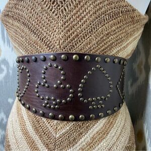 RRL * Distressed Brown Vachetta Leather Playing Card Brass Stud Kidney Belt